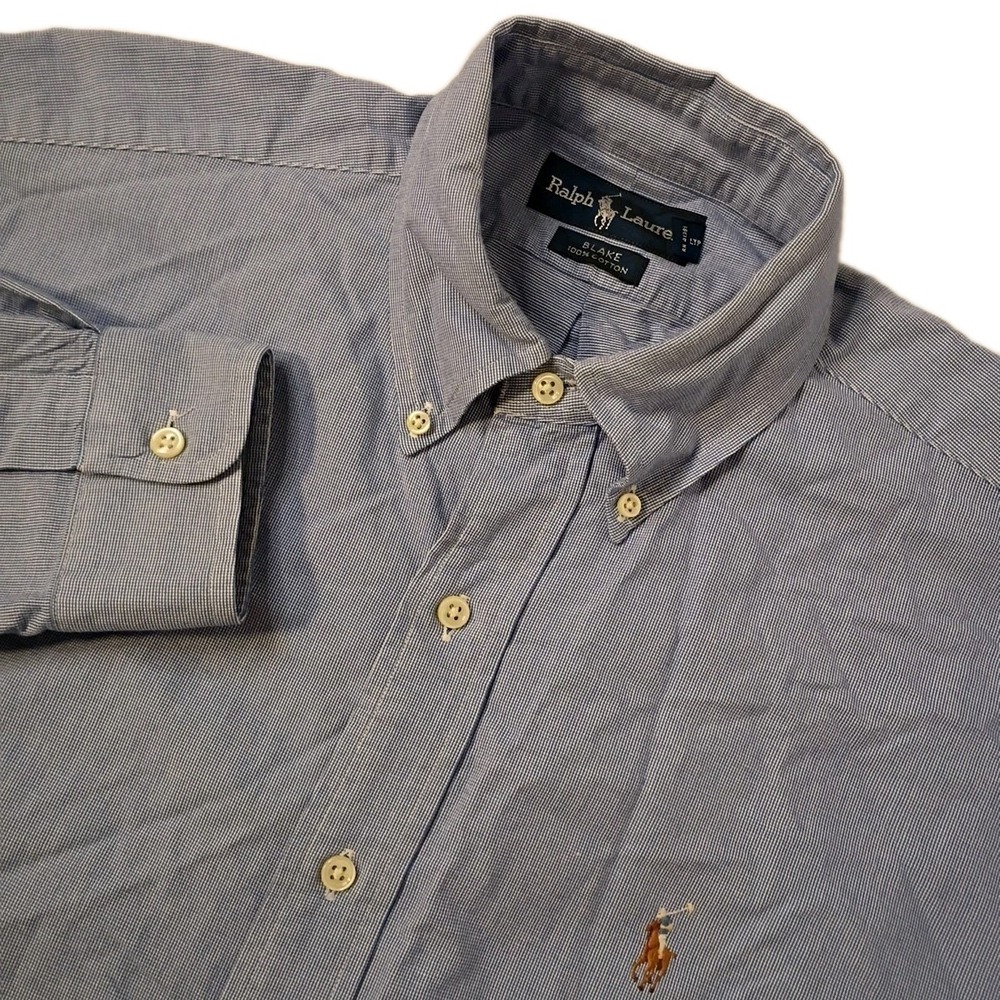 Ralph Lauren Blake Button Down Shirt Mens Medium Blue Micro Check Flesh Pony‎